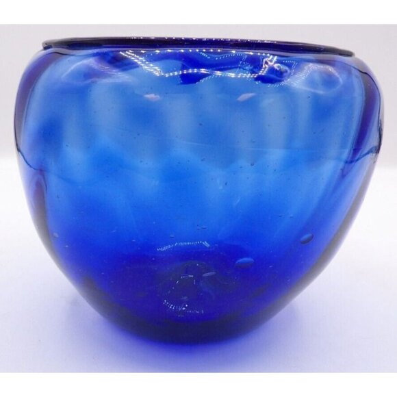 Flower Bowl- Blown Glass- Cobalt Blue- Swirl Pattern - Picture 1 of 6